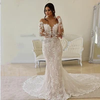 luxury lace wedding dress 2022 mermaid illusion bodice vestido de noiva long sleeve sheer custom made robe de mariee customize
