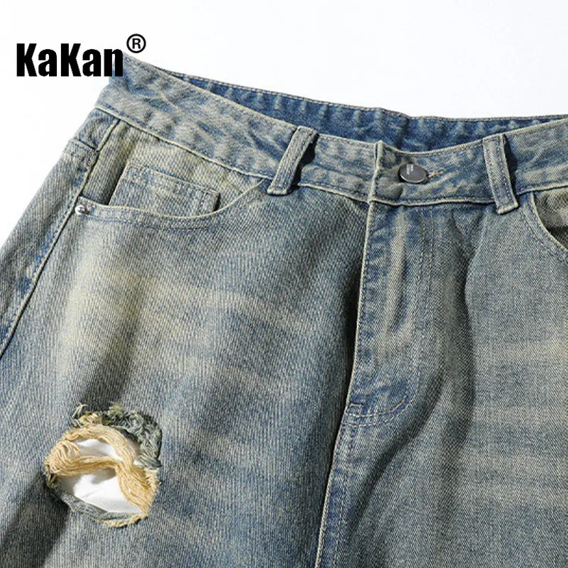 Kakan - New Washed Old Hole Jeans for Men, High Street Trendy Brand Straight Drop Versatile Long Jeans K24-JFS502
