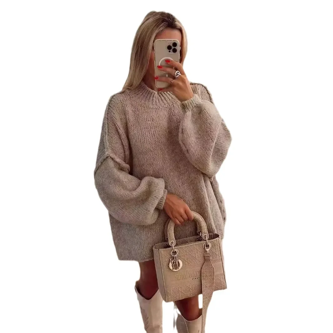 Женский вязаный пуловер свитер свободного покроя полуполо с высоким воротом