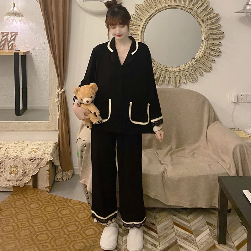 Sexy Lace Spring Pajama Sets Women Plus Size M-3XL Chic Elegant Tender Patchwork Long Sleeve Pockets High Waist Sleepwear Soft