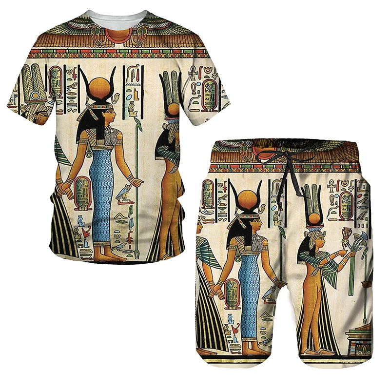 Summer Anubis Pattern Printing Men's T Shirt Loose O-neck Short Sleeve Top Casual Comfortable Shorts 2 Piece Outfit Men Clothing