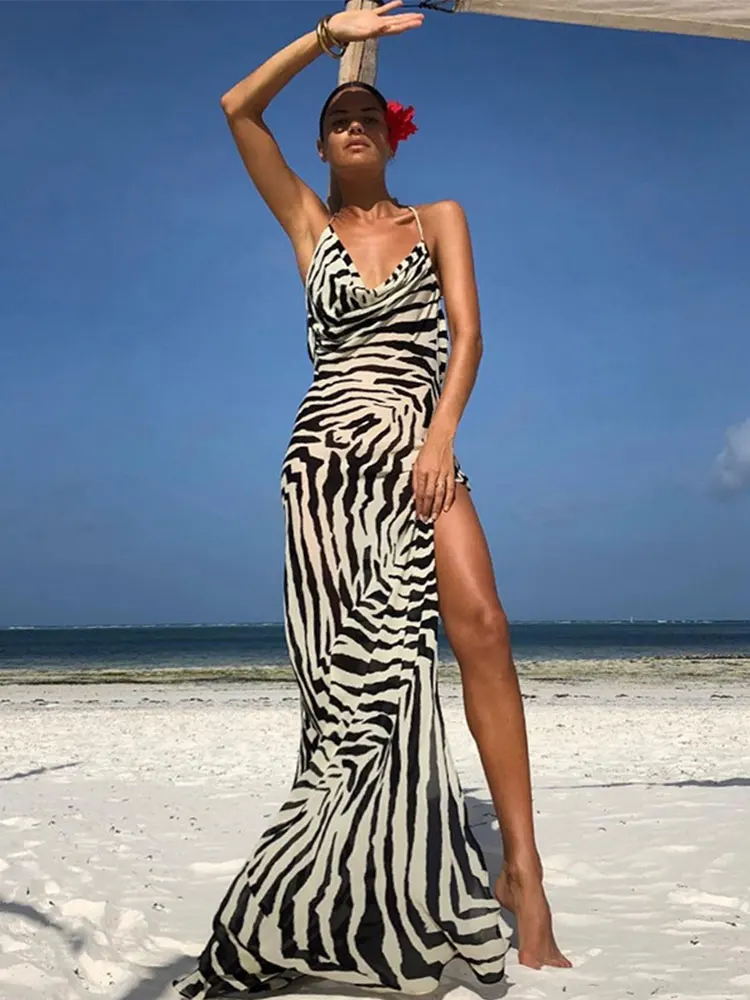 Women's Summer Beach Dress Zebra Pattern Sexy Backless Women Maxi Dresses Sleeveless Split Party Robes Femme Vestido Feminino