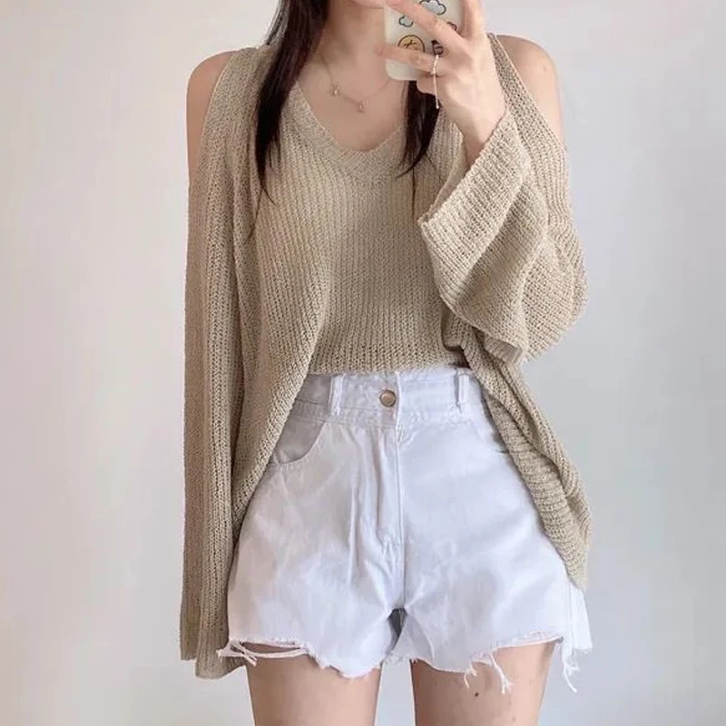 

Long Sleeve Knitted Cover Up Blouse Women Loose Off Shoulder Sexy Sunscreen Shirts Casual Elegant Summer V-neck Knit Tops 27004