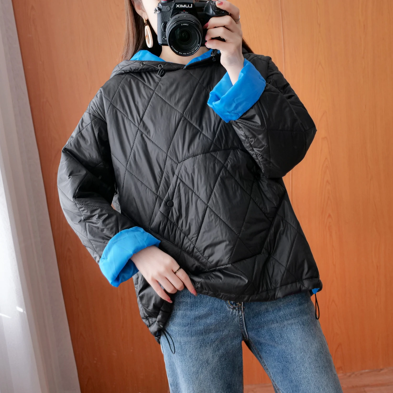 Plus Size Women's Winter Korean Style Casual Contrast Color Stitching Quilted Rhombus A Lightweight Hooded Down Jacket