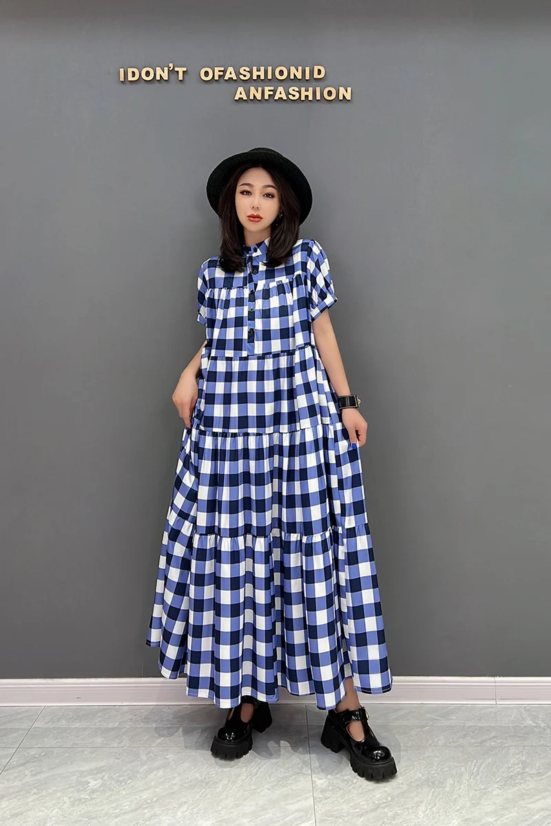 

SuperAen 2022 Summer New Korean Style Fashion Plaid Dress Temperament Women Short Sleeve Long Dress
