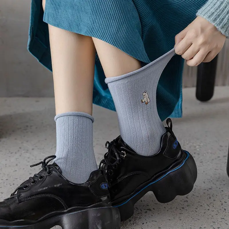 5 Pair Pure Cotton Socks Women Cartoon Animals Embroidery Long Sock Winter Streetwear Fashion Crimping Kawaii Cycling Chaussette