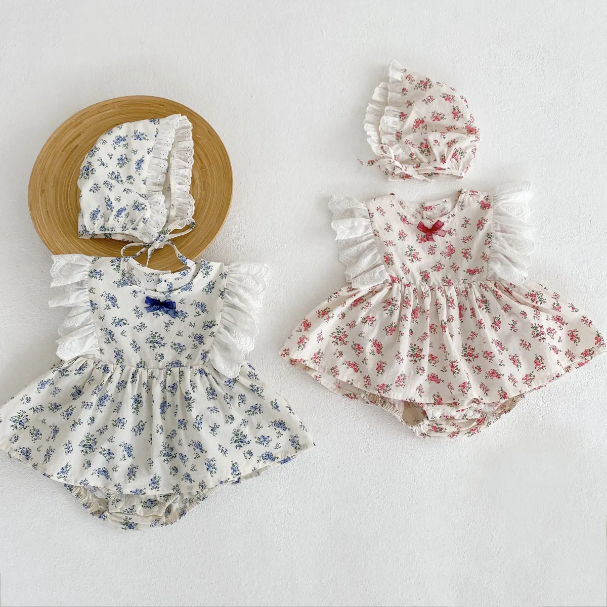 

2022 Summer Baby Small Floral Dresses Rompers With Hat Infant Girls Lace Sleeve Jumpsuits Newborn Girl Clothes