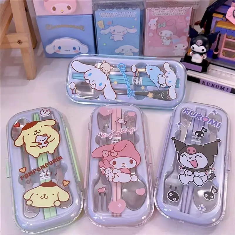 

New Sanrio Portable Kuromi Cinnamon Dog Children and Students Stainless Steel Chopsticks Fork Chopstick Set Cutlery Box