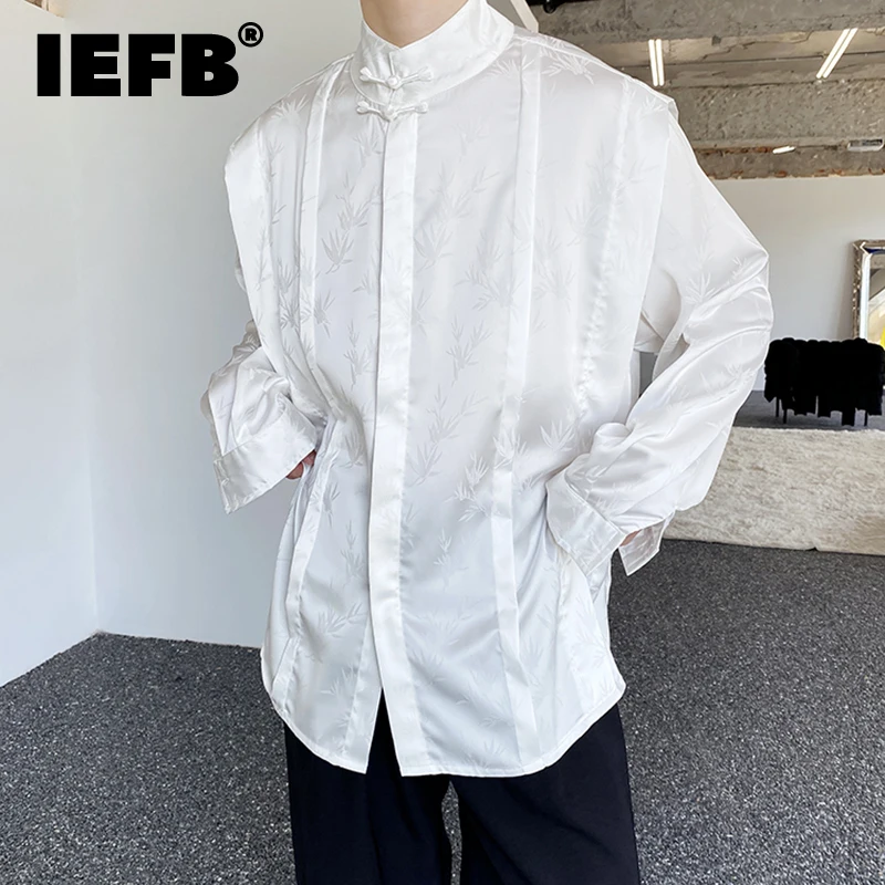 

IEFB Autumn New Shirts Trend Men's Chinese Style Jacquard Satin Standing Collar Tops Vintage Male Long Sleeve Clothing 9C1189