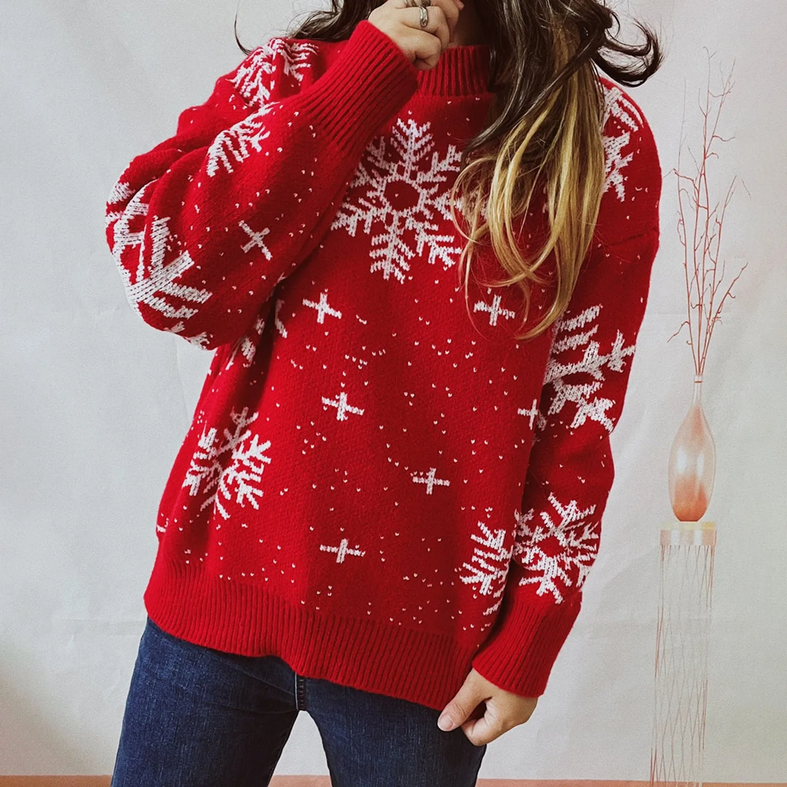 

Женский трикотажный пуловер с рождественским принтом, Свободный теплый джемпер