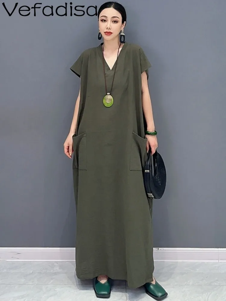 

Vefadisa 2023 Summer New Korean Solid V-Neck Dress Women Loose Short Sleeve Long Dress Green Fashion ZXF238B
