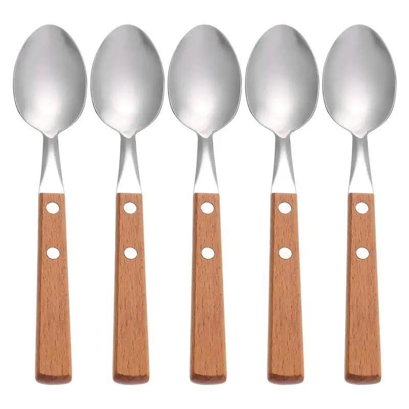 

5Pcs Stainless Steel Spoons Wooden Handle Dessert Scoops Stirring Spoons Espresso Spoons Coffee Tea Spoon Tasting Appetizer