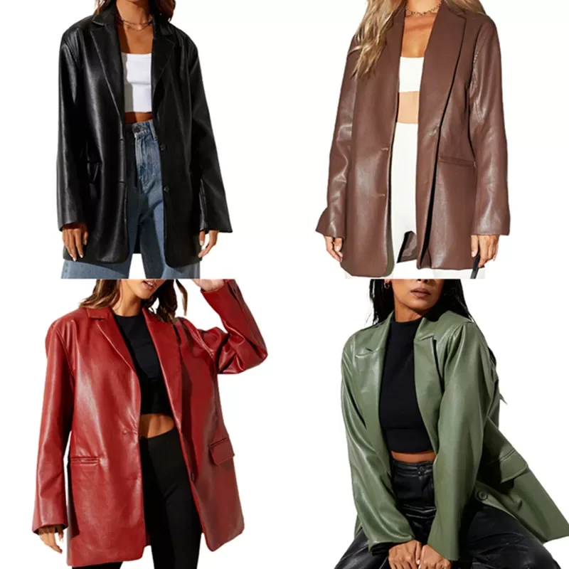 

Women Faux Leather Blazer Y2k Vintage Boyfriend PU Jacket Shacket Long Sleeve Button Down Coat Streetwear