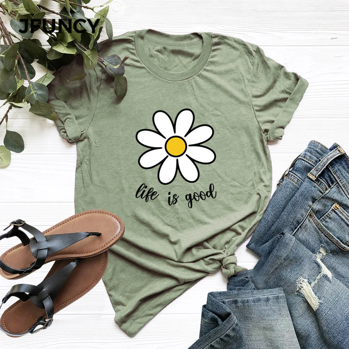 

JFUNCY S-5XL Casual T Shirt Cute Flowers Print T-Shirt 100% Cotton Woman TShirts Short Sleeve Tees Summer Tops