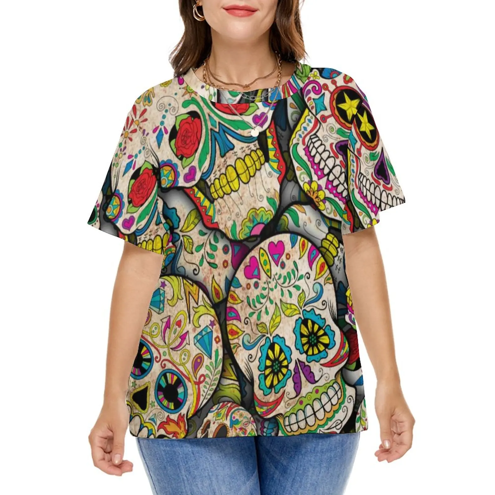 

Красочная футболка с рисунком скелета, футболка с рисунком в виде сахара, с цветочным принтом, с коротким рукавом, графическая футболка, ули...