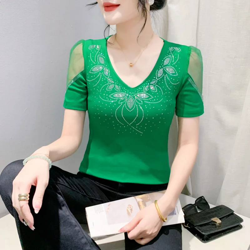 Женская футболка с V-образным вырезом облегающий сетчатый топ коротким рукавом и