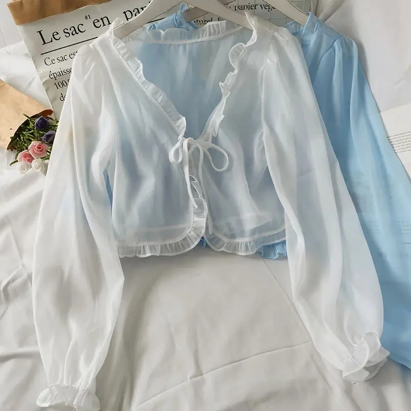 

Chic Summer Blouse Cardigan Women Clothing Solid Thin Coat Casual Lace Bow Chiffon Shirt Cardigan Ladies Tops Blusas Mujer Q5811
