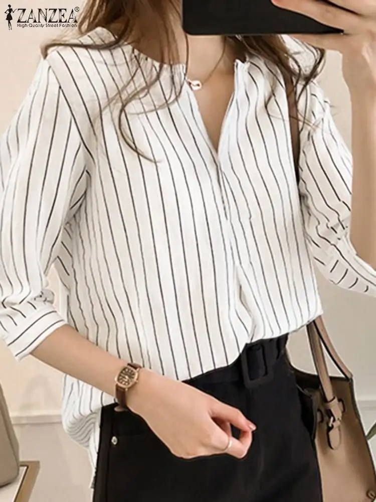 

O Neck Six Quarter Sleeve Shirt Elegant Casual Bohemian Holiday Loose Work OL Tops ZANZEA Women Summer Striped Blouse Casual