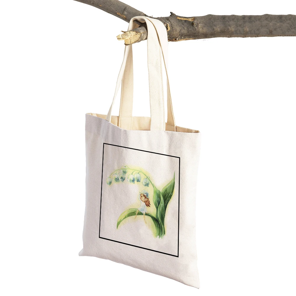 

Fairy Tale World Elves Shopping Bags Casual Watercolor Cartoon Flower Girl Both Sided Women Canvas Shopper Bag Tote Handbag