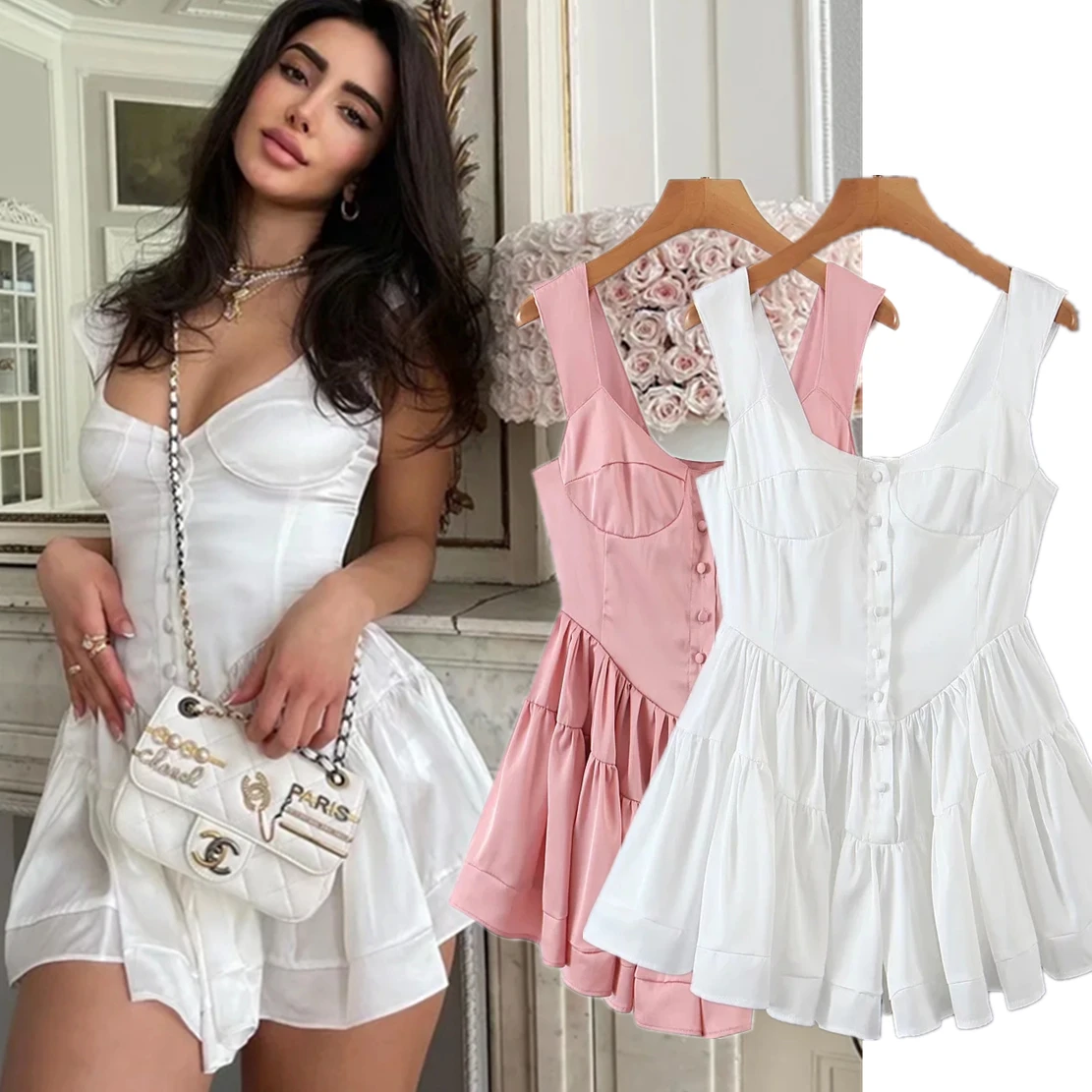 

Dave&Di French Style Cascading High Street Party Mini Dress Women Ins Fashion Blogger Vintage Satin Chiffon Sexy Tank Dress Tops