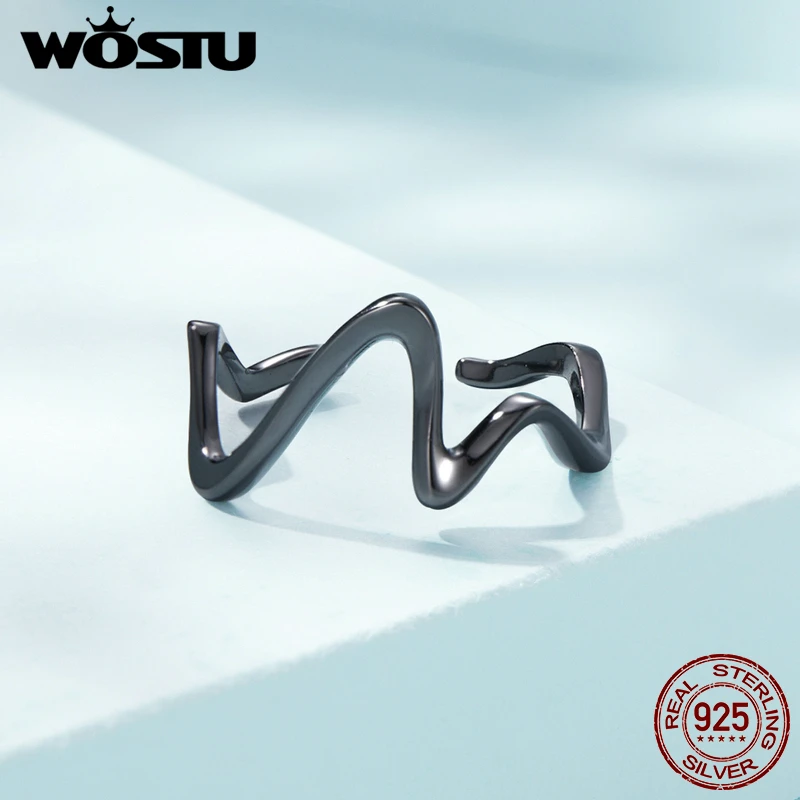 Кольцо женское 2022 из серебра 925 пробы с геометрической волной черного цвета