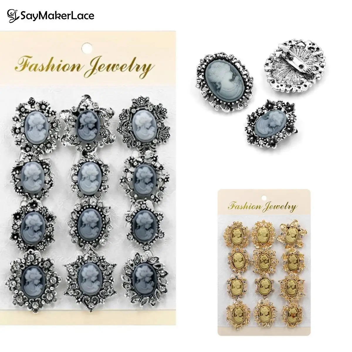 

12Pcs/Set Crystal Rhinestones Beauty Head Brooch Set Vintage Style Resin And Rhinestones Cameo Brooch Pins For Women