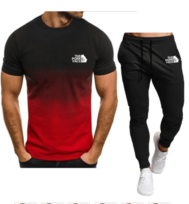 2023 new summer men's round-neck T-shirt+trousers sports suit men's suit street wear short-sleeved polo shirt casual sports suit