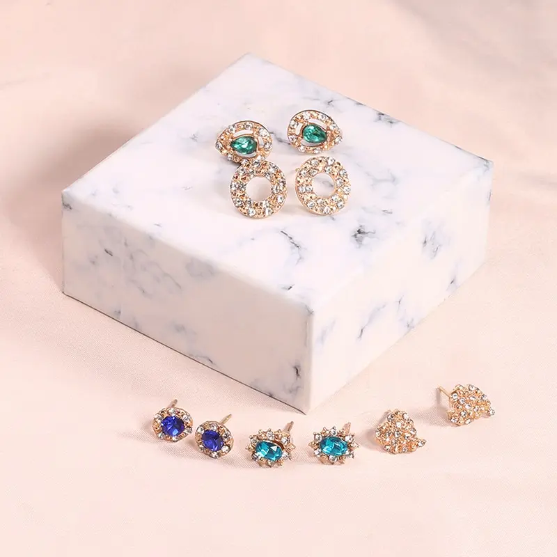 

New 1 Set Vintage Crystal Rhinestone Geometric Earrings Set Women Ear Studs Jewelry Gift
