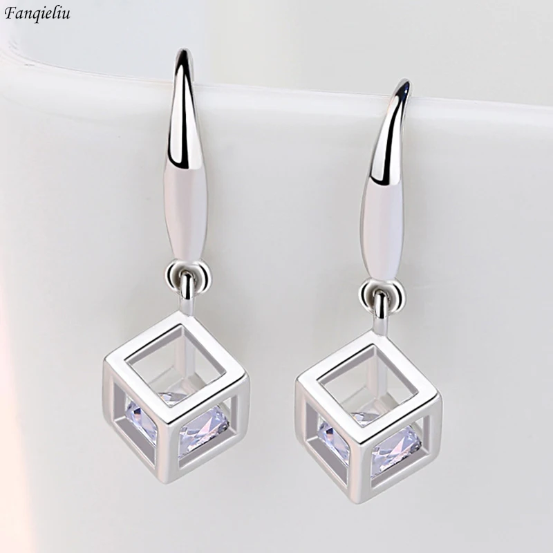 

Fanqieliu 925 Silver Needle Women's High Quality Jewelry Crystal Zircon Hollow Square Box Drop Earrings New Fashion FQL23559
