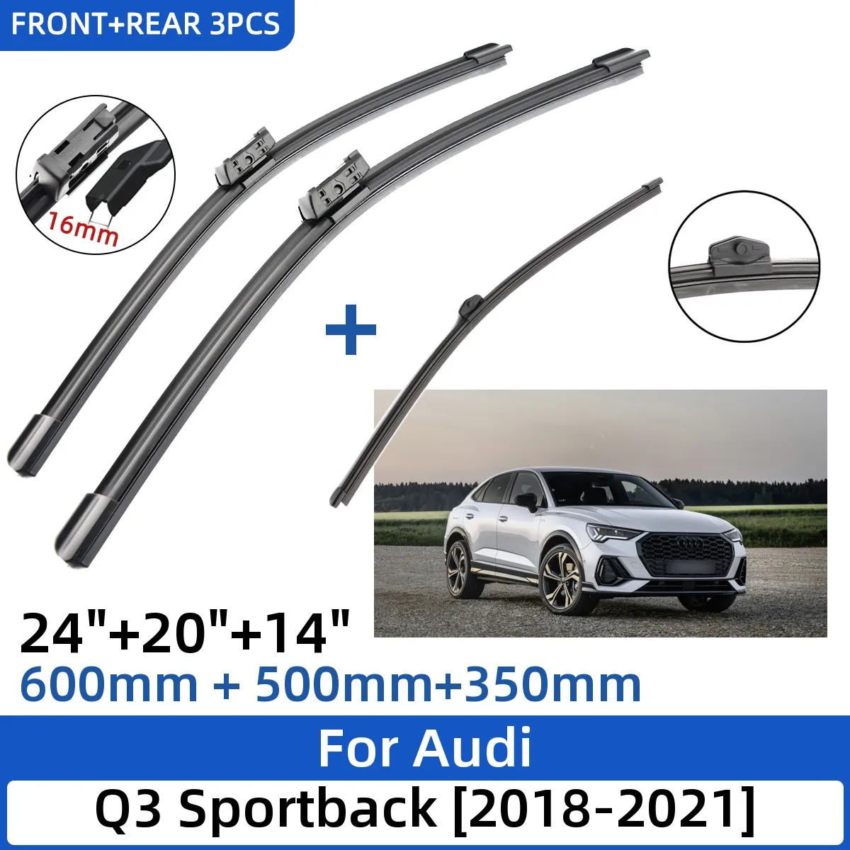 

3PCS For Audi Q3 Sportback 2018-2021 24"+20"+14" Front Rear Wiper Blades Windshield Windscreen Window Cutter Accessories