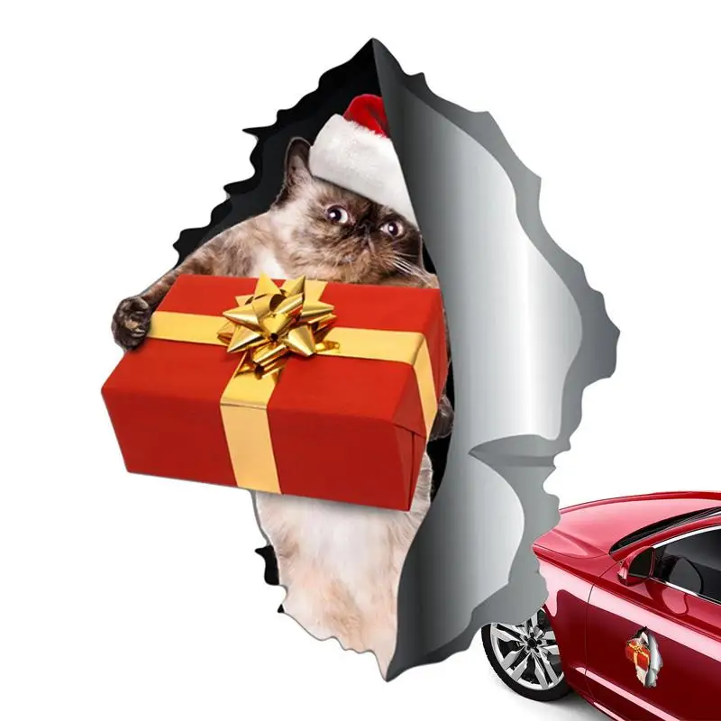 

Christmas Car Magnets Decorations Cat Automotive Decals Refrigerator Magnets Magnetic Car Stickers With 3D Crack Effect