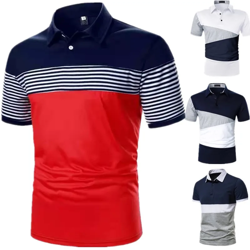 

2022 Men's Summer Short-Sleeved Striped Color Stitching Turnover Neck Polo Shirt