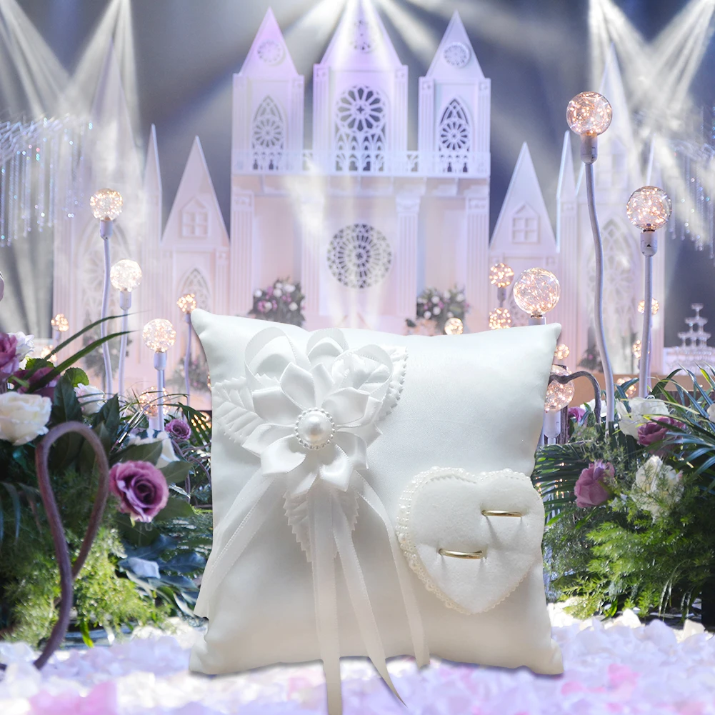 

Wedding Ring Pillow Romantic Stylish White Square Flower Ring Camellia Heart Shaped Cushion For Indoor Outdoor Beach Wedding