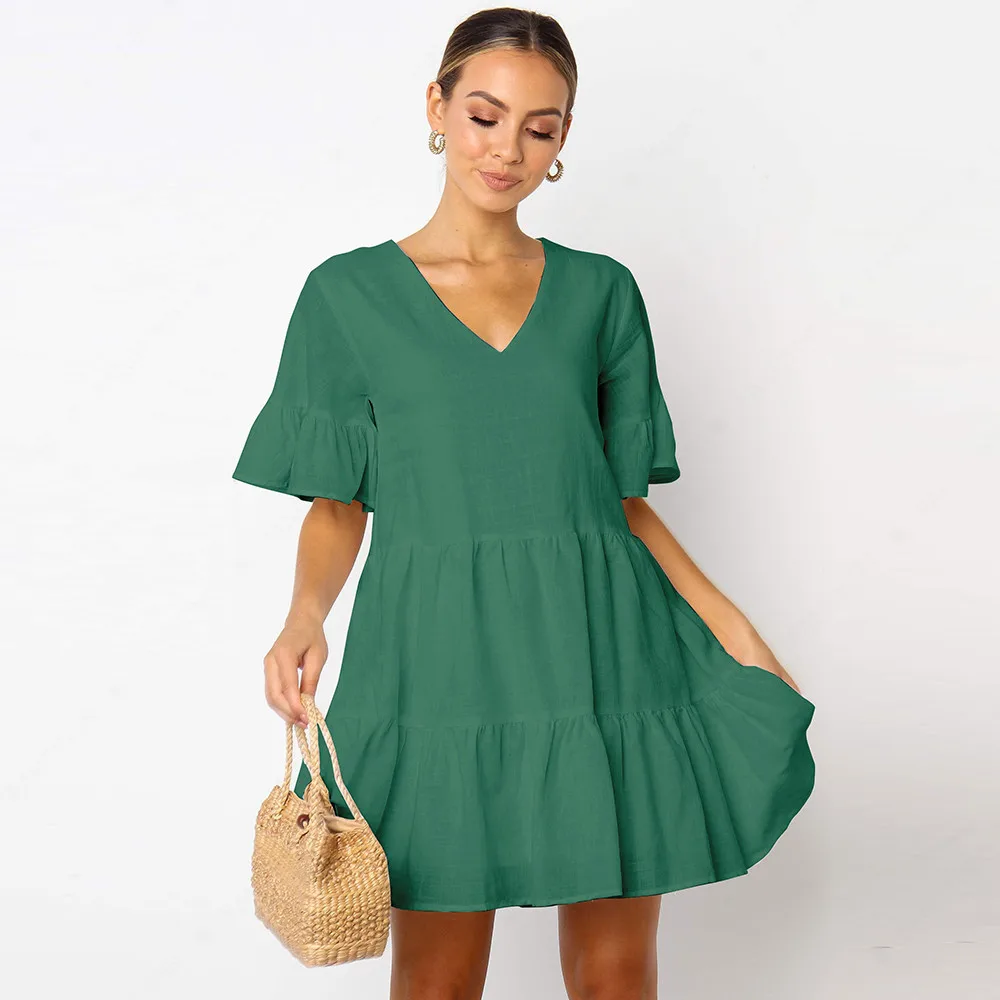 

Ruffle Mini A-Line Dress Casual Sweat Woman Dressess Summer Robe Femme Solid V-Neck Short Sleeve Loose Outwear Party Clothes