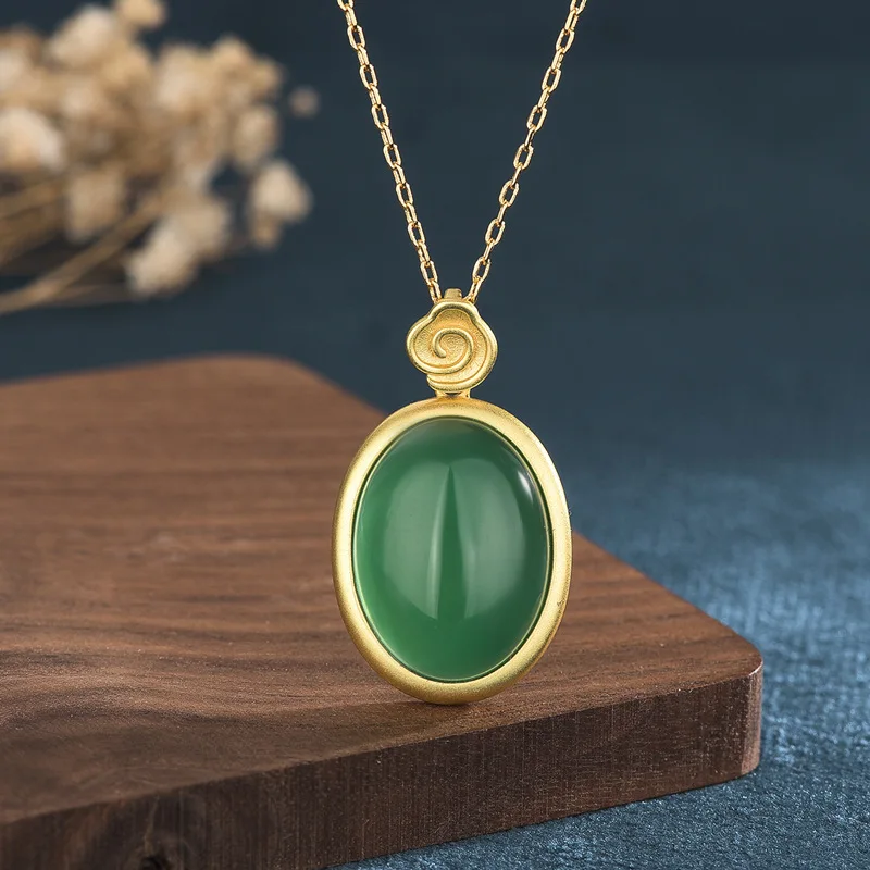 

New Celebrity Style Design Nipil Ancient Method Gold Inlaid Chalcedony Emerald Necklace pendant Necklaces for Women Mother Gifts