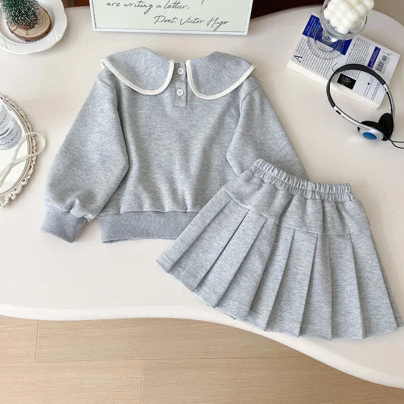 Костюм для девочек осень 2024 новинка толстовка с лацканами и бантом + юбка