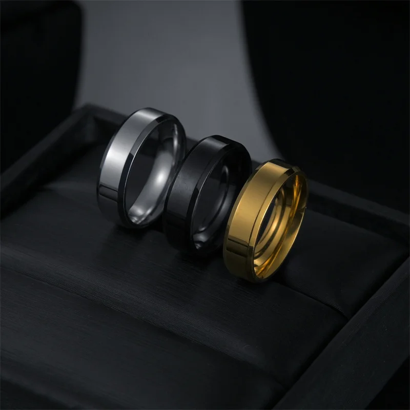 

European and American Personality Simple Fashion 6MM Stainless Steel Men's Ring High Quality Gold Silver Black Glossy Jewelry