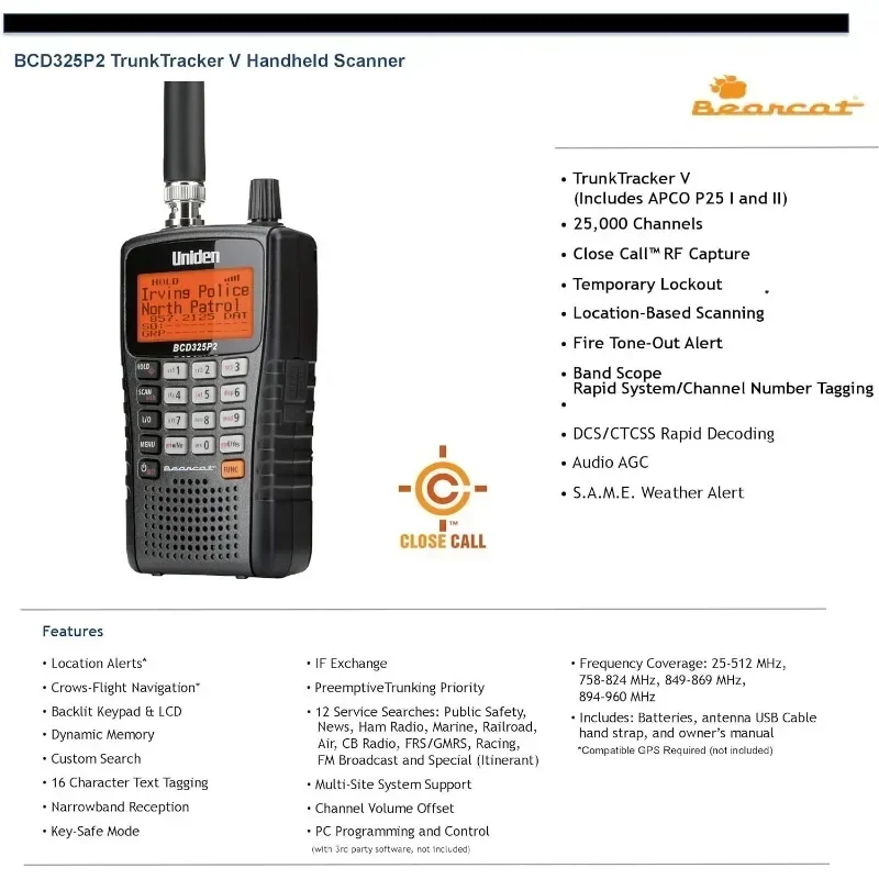 Ручной сканер TrunkTracker V Uniden BCD325P2. 25 000 динамических алкаций сканирования на основе
