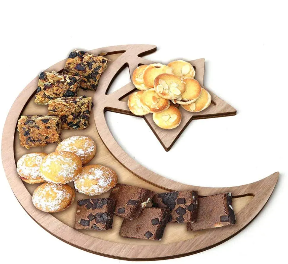 

Wooden Ramadan Eid Mubarak Decoration Moon & Stars Dinner Plate For Home Moon Islam Mosque Muslim Plaque Diy Party Supplies