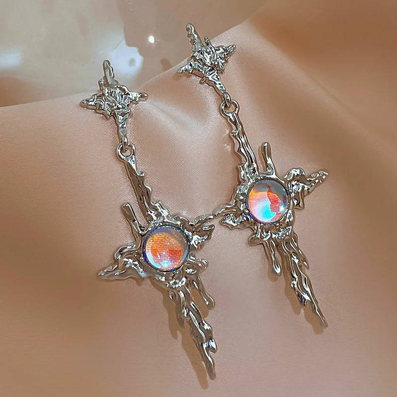 

Gothic Cross Star Stone Earrings Irregular Moonstone Geometric Earring Kpop Piercing Drop Earrings Women Y2K Aesthetics Jewelry