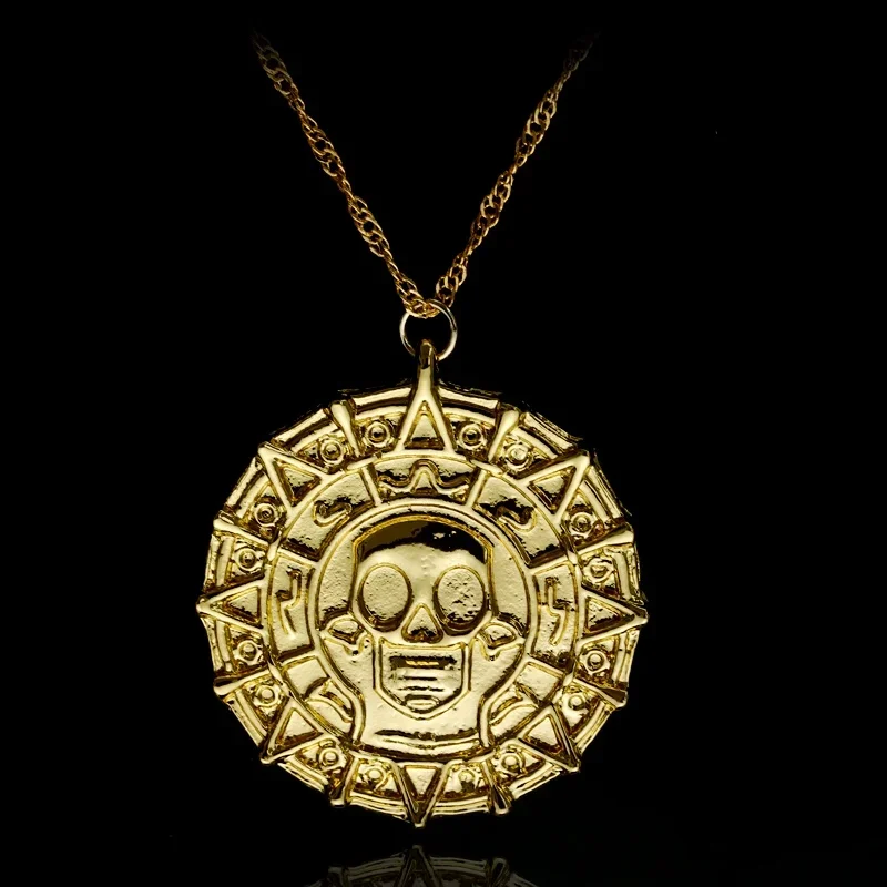 Exquisite Movie Pirates of The Caribbean Necklace Aztec Coin Vintage Gold-Plated Captain Jack Sparrow Medal Pendant