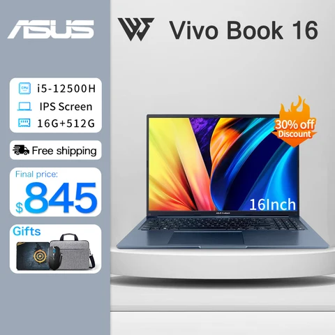 Ноутбук ASUS VivoBook 16, тонкий ноутбук 12-го поколения, Intel core i5 12500H 16 Гб ОЗУ 512 ГБ SSD IPS экран 16 дюймов, офисный ноутбук, игровой компьютер