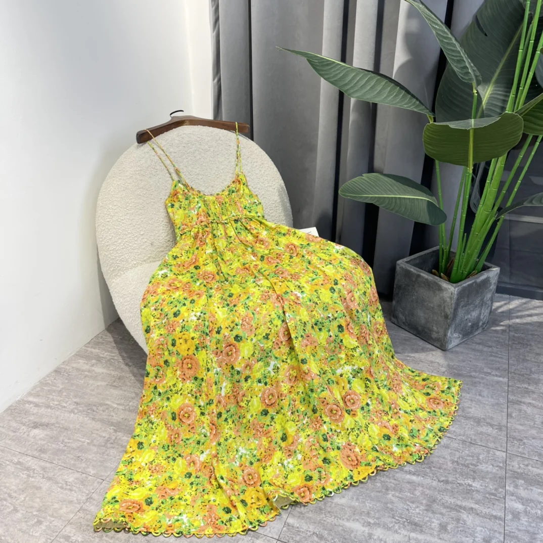 

Special Design 2022 New Arrival Women Top Quality Linen Elastic Waist Multicolor Flower Print Camisole Midi Summer Dresses