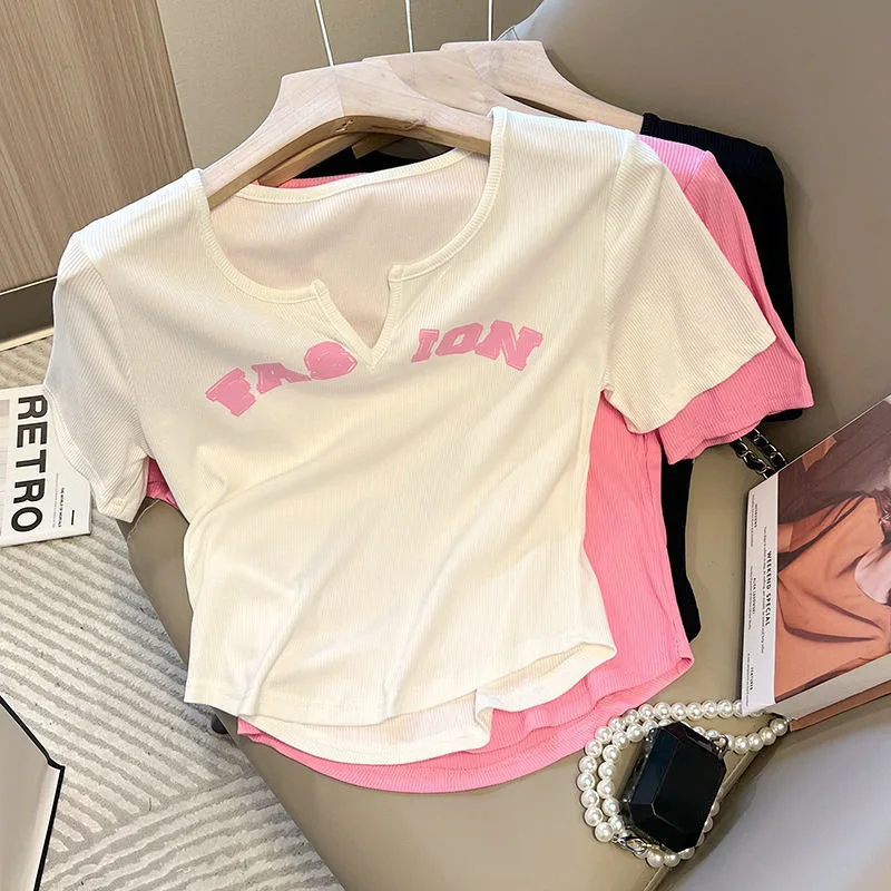 

V-neck Design Sweet and Spicy Tight-fitting Thin Top Women's Short-sleeved T-shirt Women's Short Bottoming Shirt
