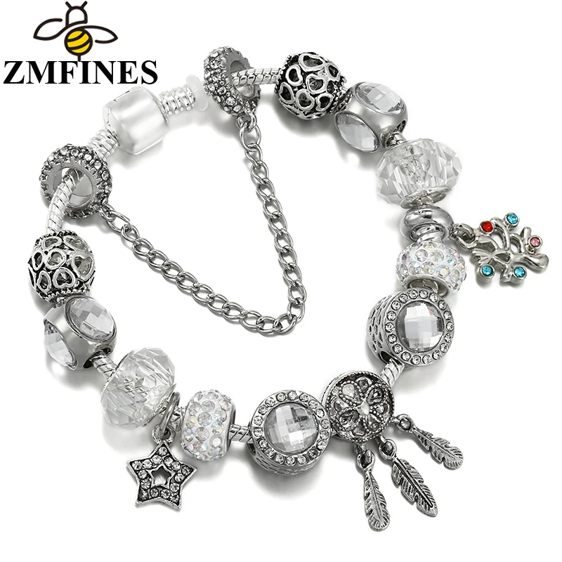 

Vintage Silver Crystal Beads Pendant DIY Snake Chain Charm Bracelet For Women Girl Fashion Wedding Party Jewelry Dropshipping
