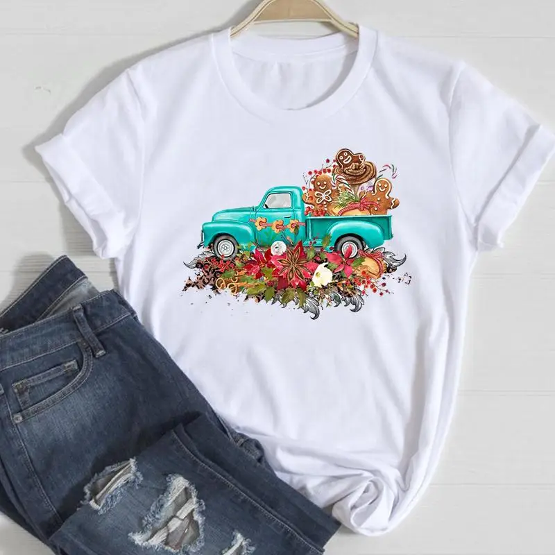

Print Trend Merry Christmas Trend Women T-shirts Cartoon Fashion Flower Truck New Lovely Holiday Top Graphic Tshirt Travel Tee