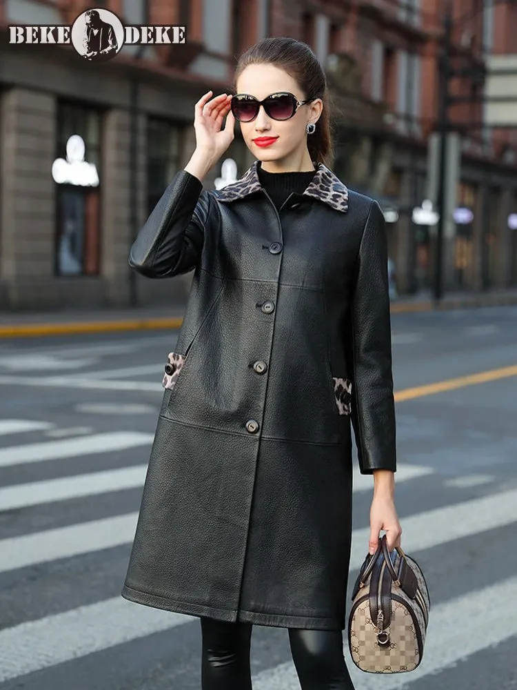 

Женская однобортная ветровка из натуральной овечьей кожи, с леопардовым принтом