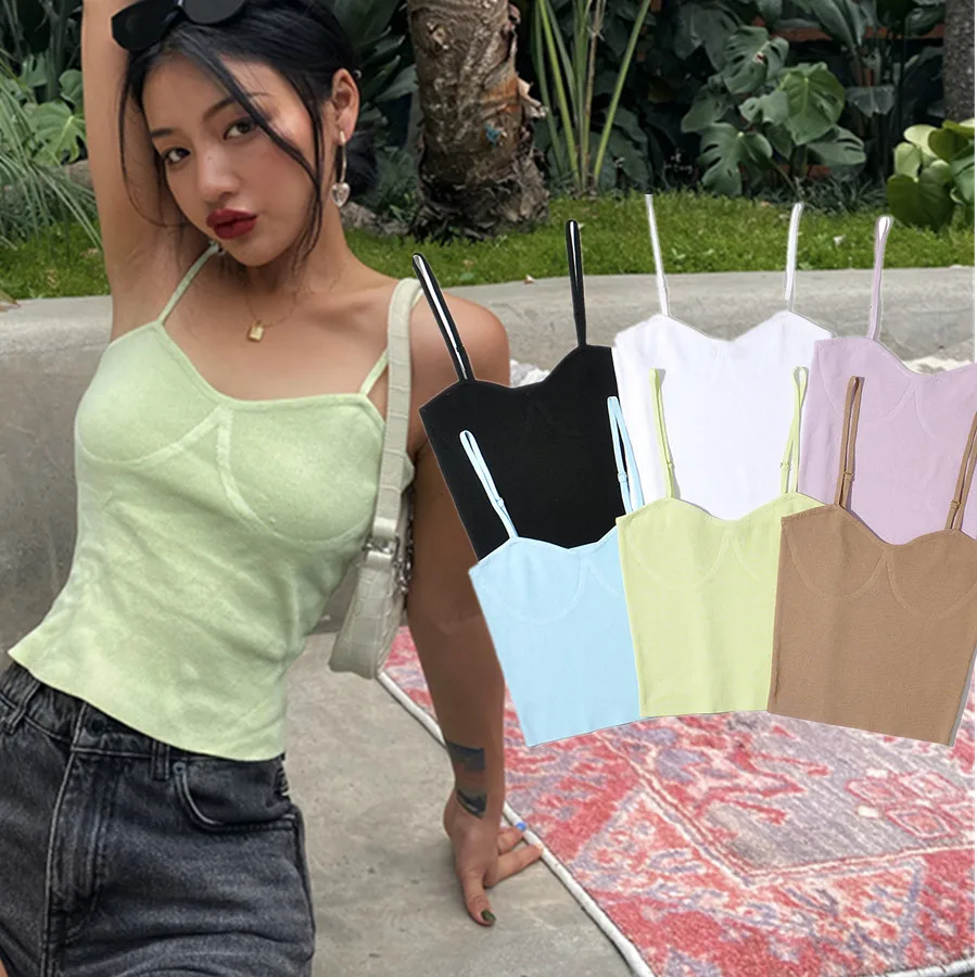 

Dave&Di Cotton Colorful Summer Beach Short Tshirts Women Ins Blogger High Street Knitted Sexy Camisole Crop Tshirt Tops