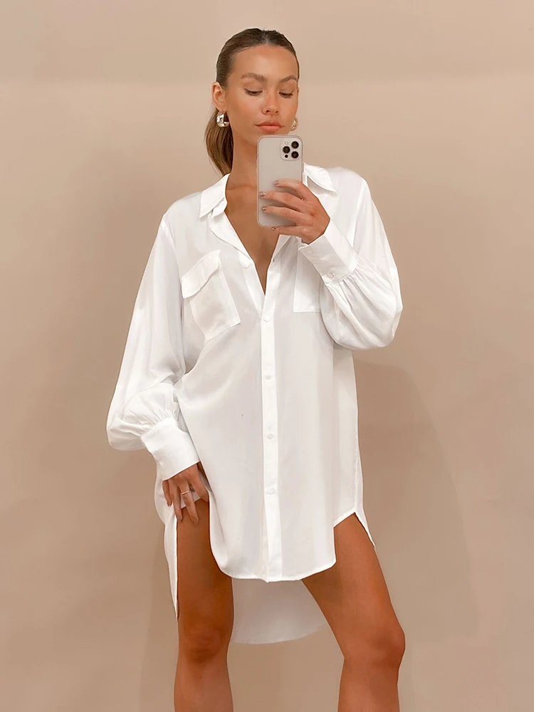 

Платье Hiloc женское шифоновое с двумя карманами, ночная рубашка с рукавами-фонариками, асимметричная сорочка с лацканами, мини-платье с разре...