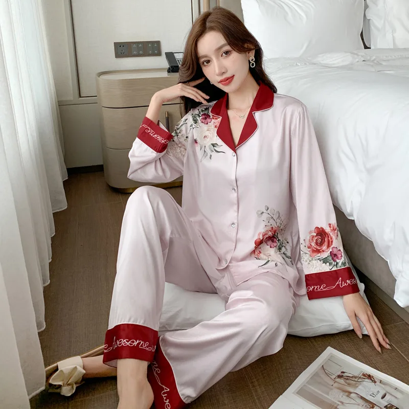 

Women's Pajamas Set High Quality Silk Like Homewear Floral Sleepwear Casual Ins Style Nightie V Neck Nightwear пижама женская